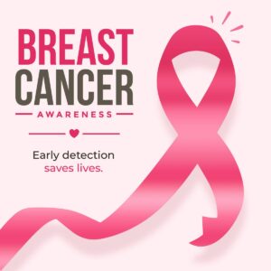 Pink ribbon with the words Breast Cancer Awareness: early detection saves lives