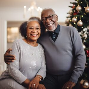 A smiling elderly couple sitting close together at home
