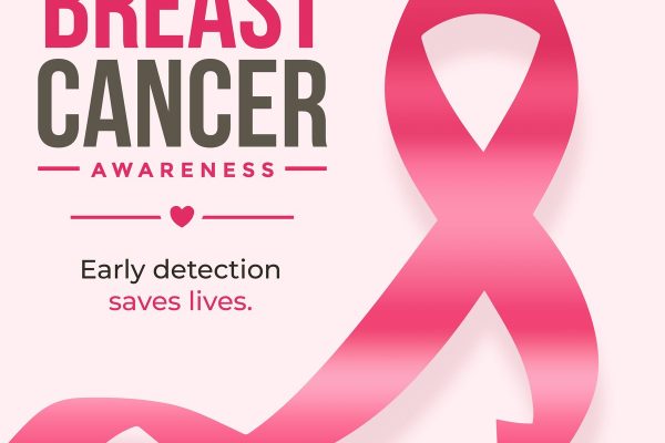 Pink ribbon with the words Breast Cancer Awareness: early detection saves lives