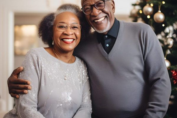 A smiling elderly couple sitting close together at home